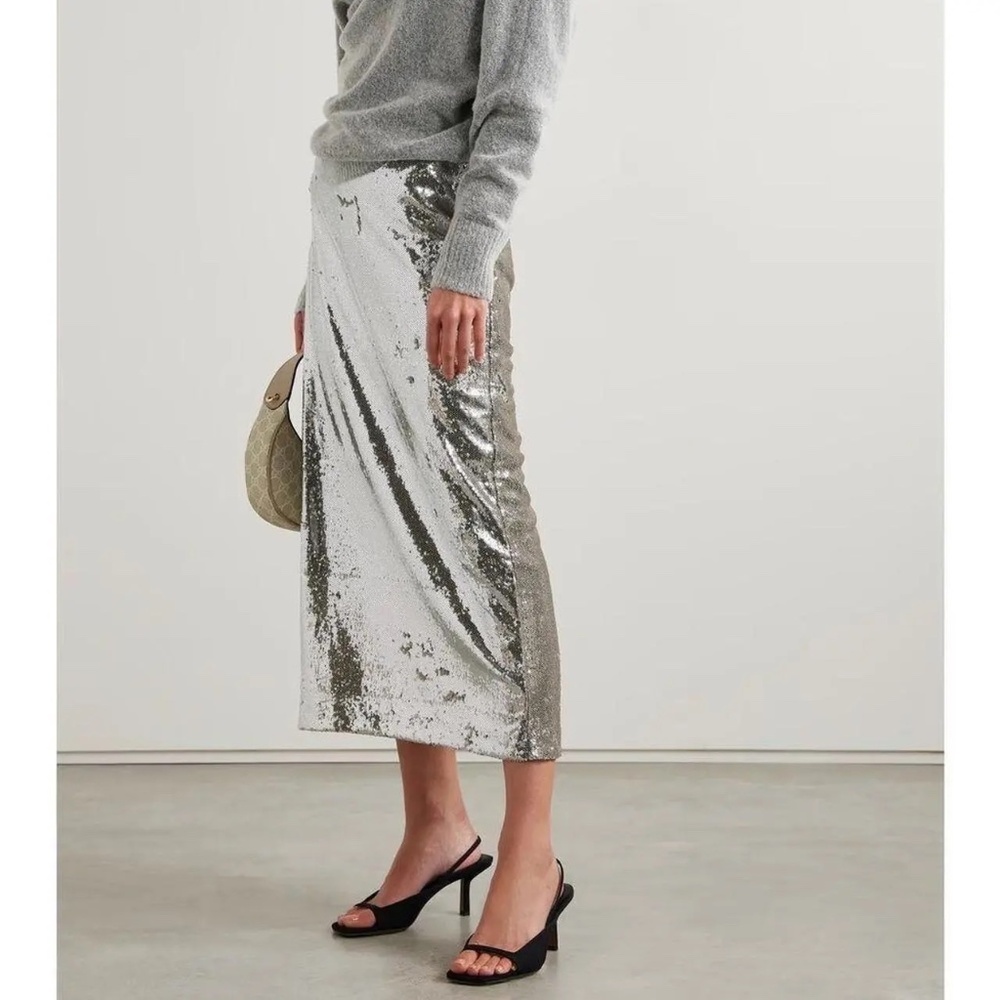 La Ligne‎ Silver Sequin Midi Skirt